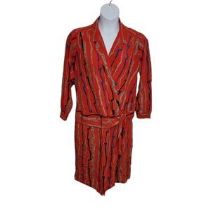 VINTAGE 80s dress red abstract stripe wrap long sleeve shift column L‎